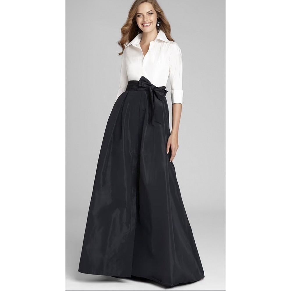 Teri Jon White Bodice Black Satin Ball Skirt Gown with Bow